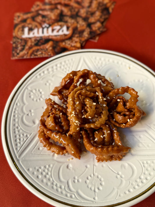 Close up of chebakia pastry. Lawza, Moroccan Bakery, Bay Area, California.