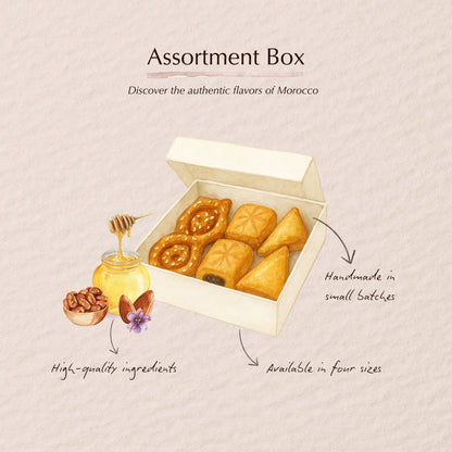Watercolor illustration of an assortment box of Moroccan pastries. Lawza Bakery - Bay Area, California.