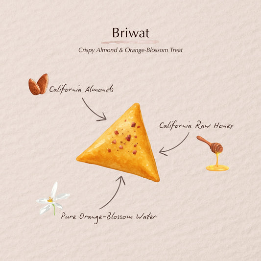 Watercolor illustration of an almond Briwat pastry flavor profile. Lawza Bakery - Bay Area, California.