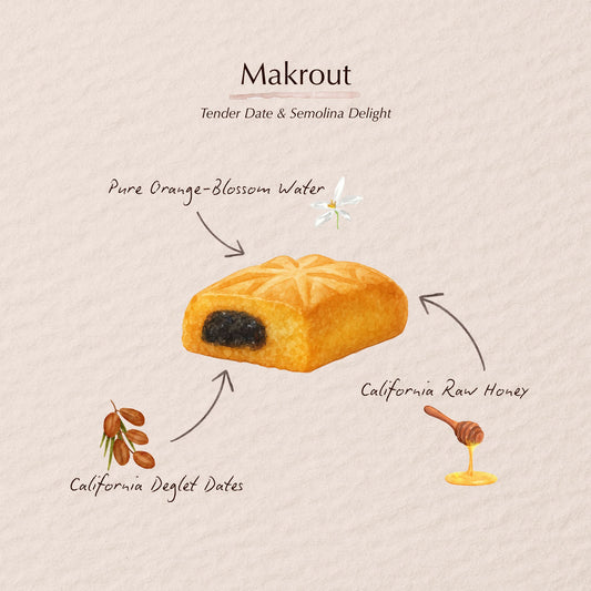 Watercolor illustration of a Makrout pastry flavor profile. Lawza Bakery - Bay Area, California.