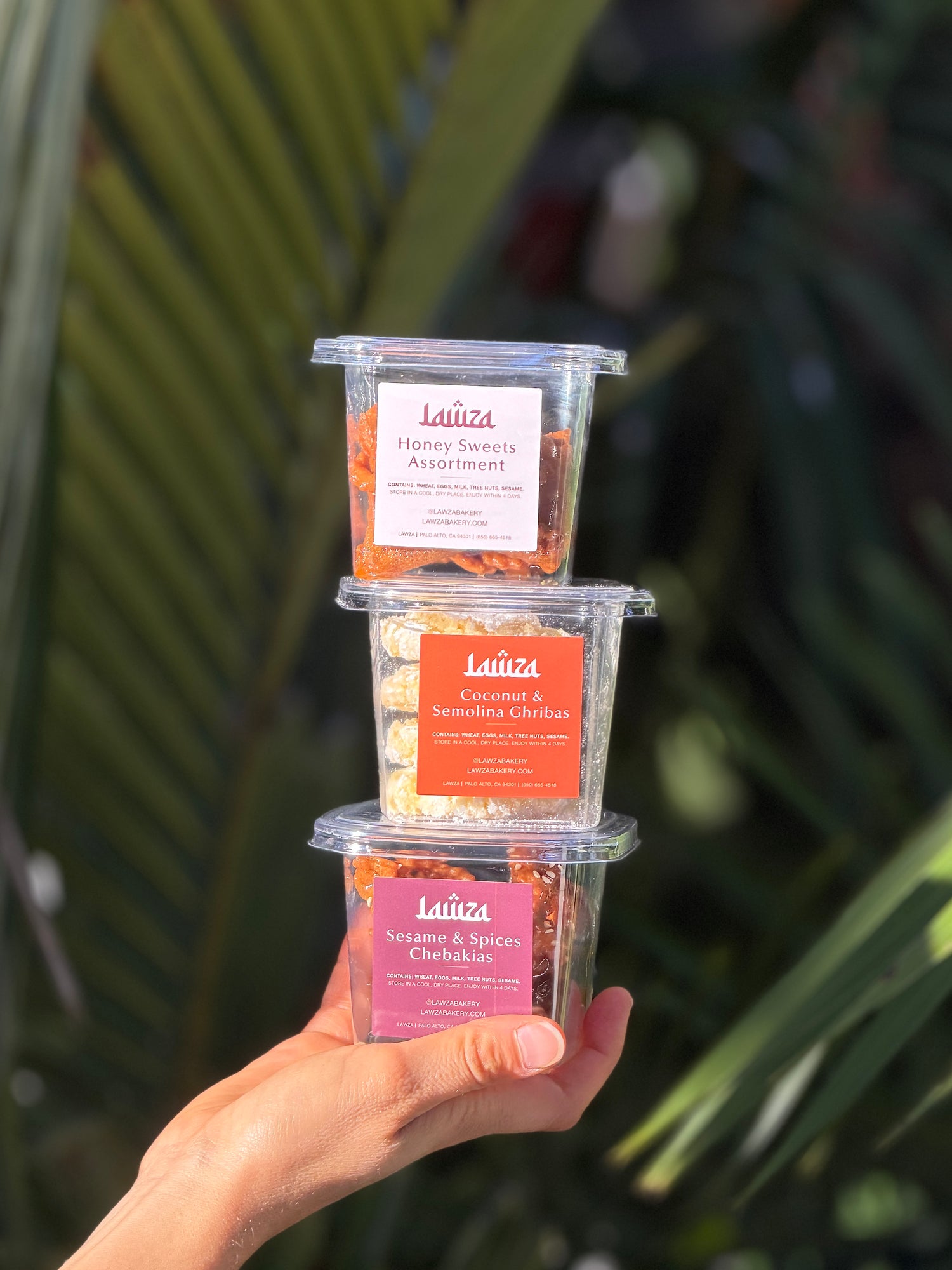 Three cups filled with Moroccan pastries. Lawza, Moroccan Bakery, Bay Area, California.